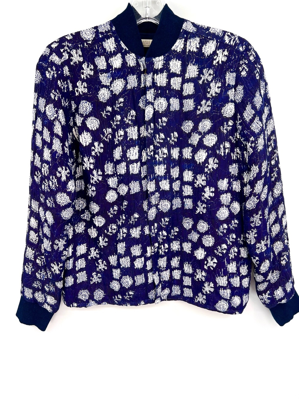 Christy Dawn Chandler bomber jacket indigo navy white print zipped XS